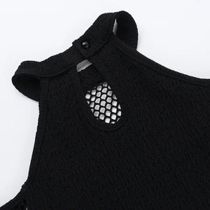 Y2K Goth Fishnet Cut Out Top with ribbed knit, Y2K halter top styled with low rise bottoms
