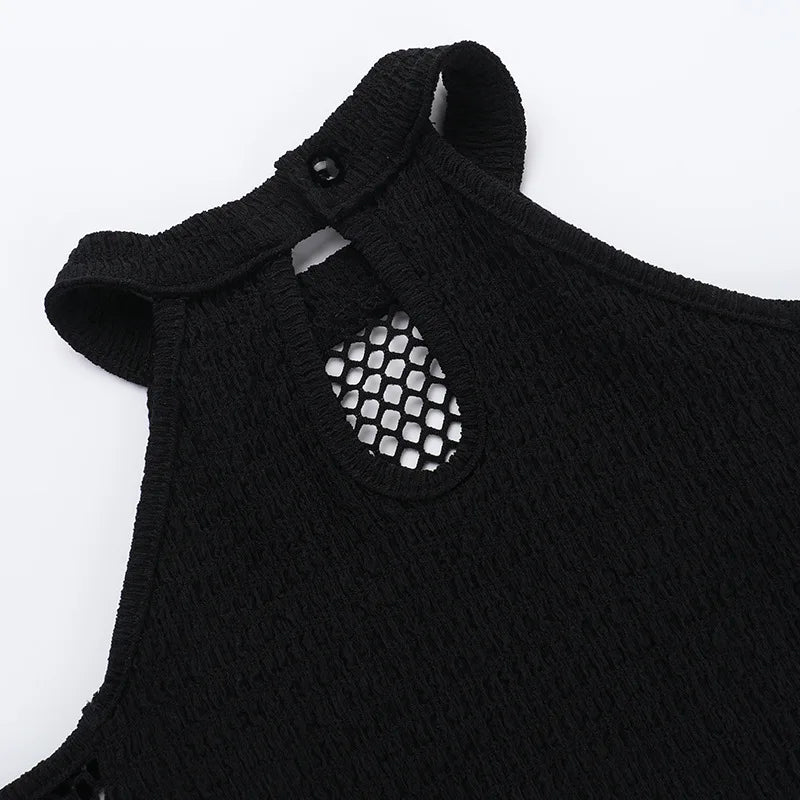 Y2K Goth Fishnet Cut Out Top with ribbed knit, Y2K halter top styled with low rise bottoms