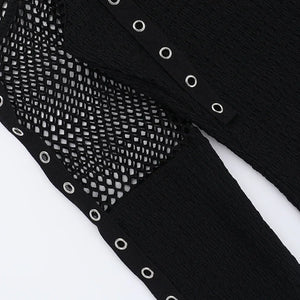 Y2K Goth Fishnet Cut Out Top with ribbed knit, Y2K halter top styled with low rise bottoms