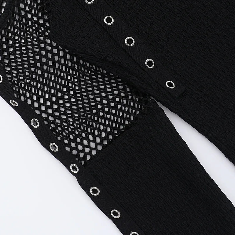 Y2K Goth Fishnet Cut Out Top with ribbed knit, Y2K halter top styled with low rise bottoms