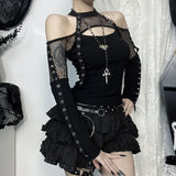 Y2K Goth Fishnet Cut Out Top with ribbed knit, Y2K halter top styled with low rise bottoms