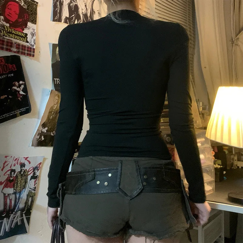 Y2K Goth Fishnet Top with sheer fabric, Y2K long sleeve top styled with low rise bottoms