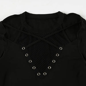 Y2K Goth Fishnet Top with sheer fabric, Y2K long sleeve top styled with low rise bottoms