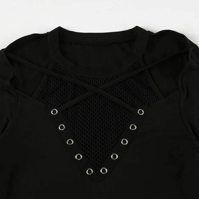 Y2K Goth Fishnet Top with sheer fabric, Y2K long sleeve top styled with low rise bottoms