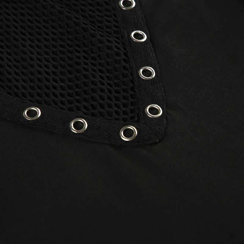 Y2K Goth Fishnet Top with sheer fabric, Y2K long sleeve top styled with low rise bottoms