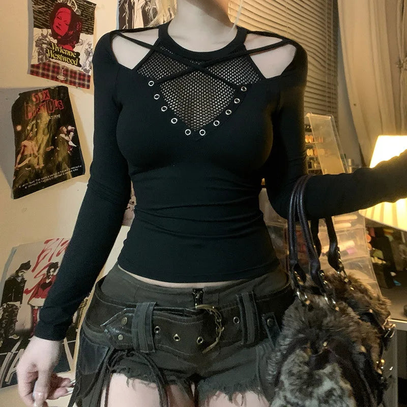 Y2K Goth Fishnet Top with sheer fabric, Y2K long sleeve top styled with low rise bottoms