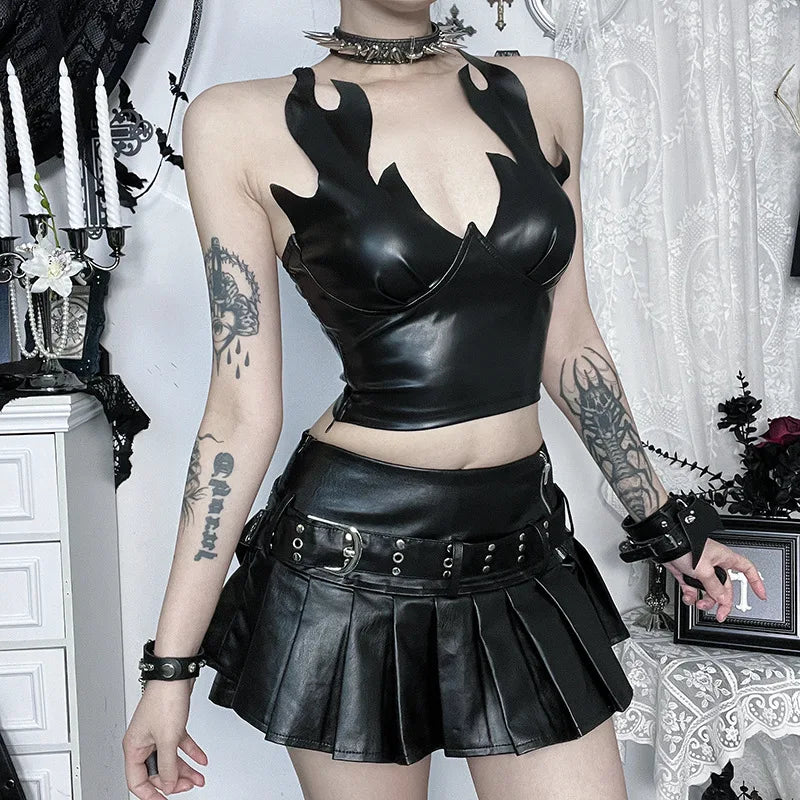 Y2K Goth Flame Crop Top with cropped cut, Y2K crop top styled with low rise bottoms