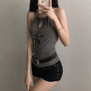 Y2K Goth Grommet Halter Top with lace trim, Y2K halter top styled with low rise bottoms
