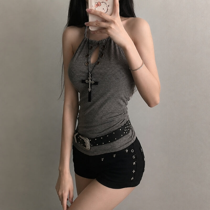 Y2K Goth Grommet Halter Top with lace trim, Y2K halter top styled with low rise bottoms