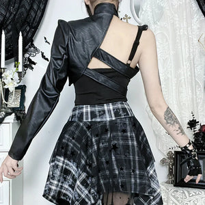 Y2K Goth Harness One Sleeve Top, Y2K long sleeve top styled with low rise bottoms