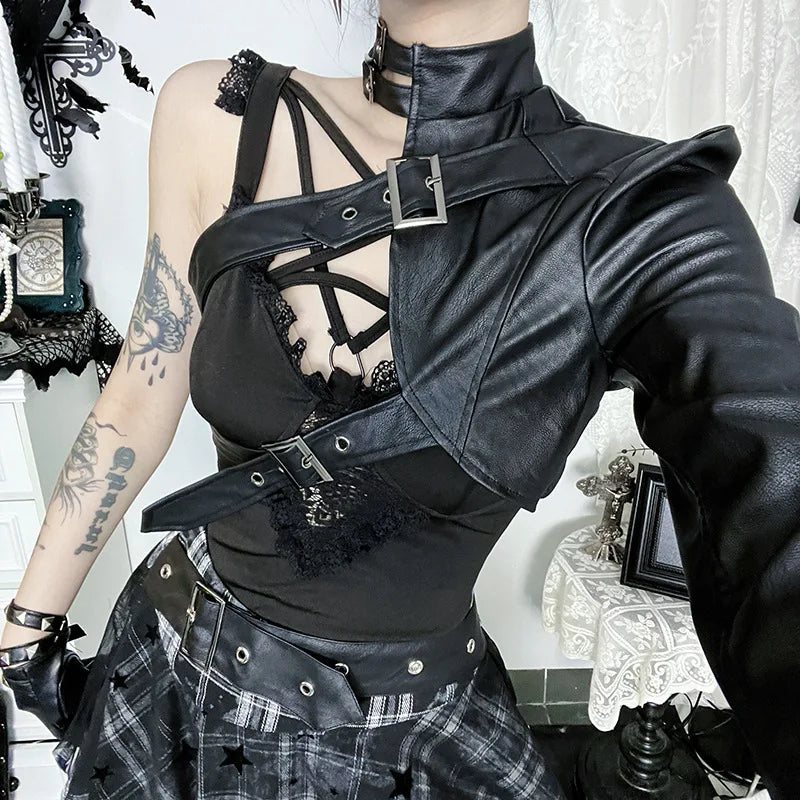 Y2K Goth Harness One Sleeve Top, Y2K long sleeve top styled with low rise bottoms