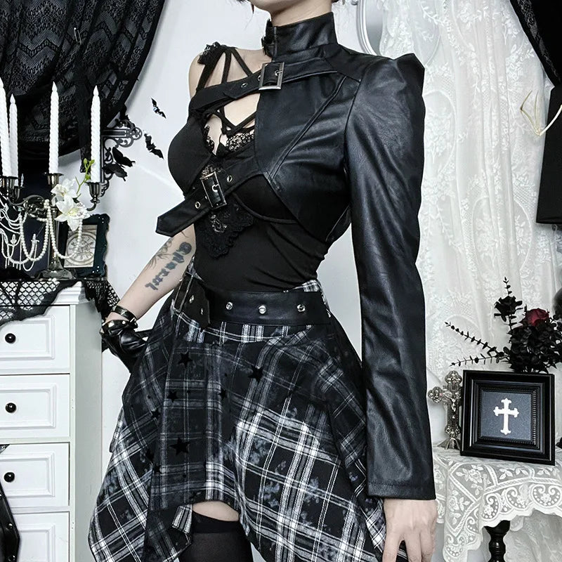 Y2K Goth Harness One Sleeve Top, Y2K long sleeve top styled with low rise bottoms