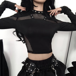 Y2K Goth High Neck Fishnet Top with sheer mesh, Y2K long sleeve top styled with low rise bottoms