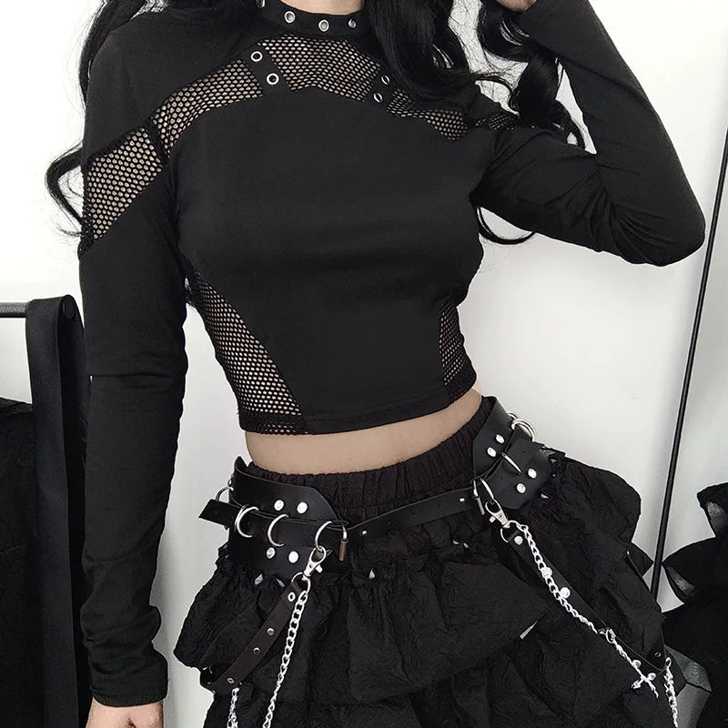 Y2K Goth High Neck Fishnet Top with sheer mesh, Y2K long sleeve top styled with low rise bottoms