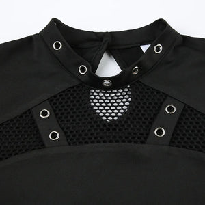 Y2K Goth High Neck Fishnet Top with sheer mesh, Y2K long sleeve top styled with low rise bottoms