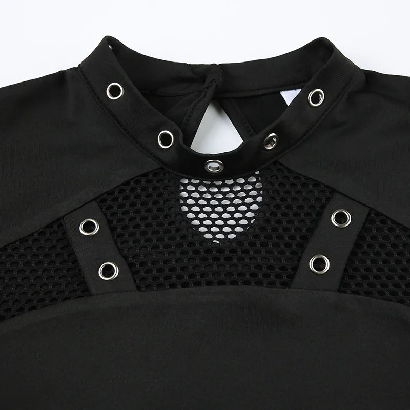 Y2K Goth High Neck Fishnet Top with sheer mesh, Y2K long sleeve top styled with low rise bottoms