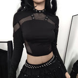 Y2K Goth High Neck Fishnet Top with sheer mesh, Y2K long sleeve top styled with low rise bottoms
