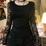 Y2K Goth Lace Back Top with lace trim, Y2K long sleeve top styled with low rise bottoms