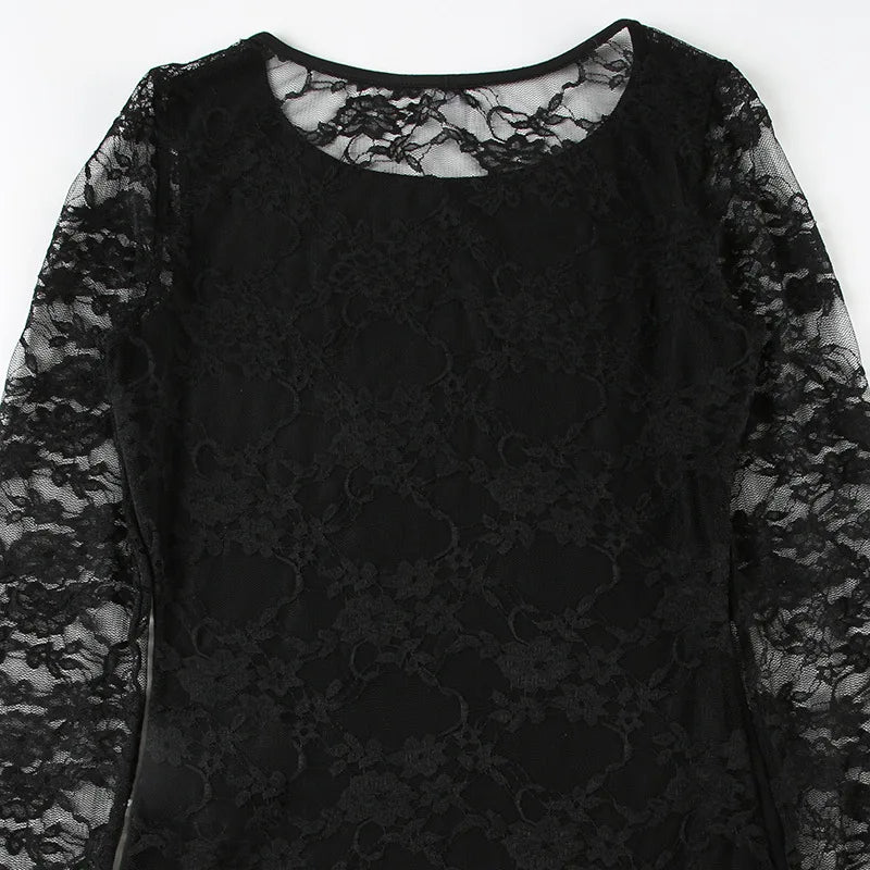 Y2K Goth Lace Back Top with lace trim, Y2K long sleeve top styled with low rise bottoms