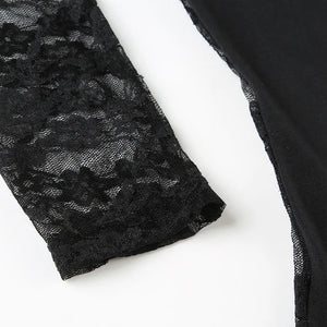 Y2K Goth Lace Back Top with lace trim, Y2K long sleeve top styled with low rise bottoms