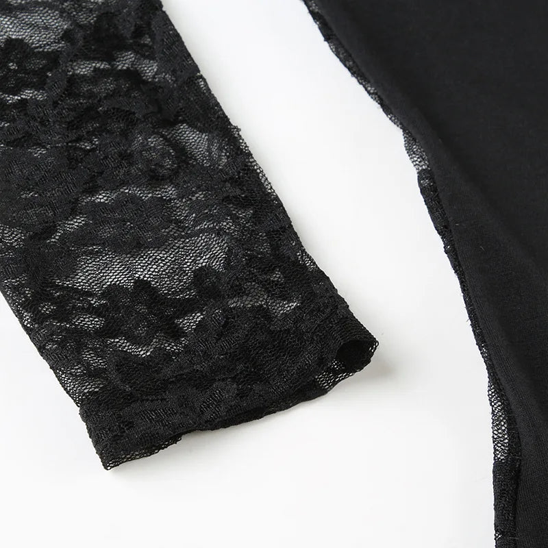 Y2K Goth Lace Back Top with lace trim, Y2K long sleeve top styled with low rise bottoms