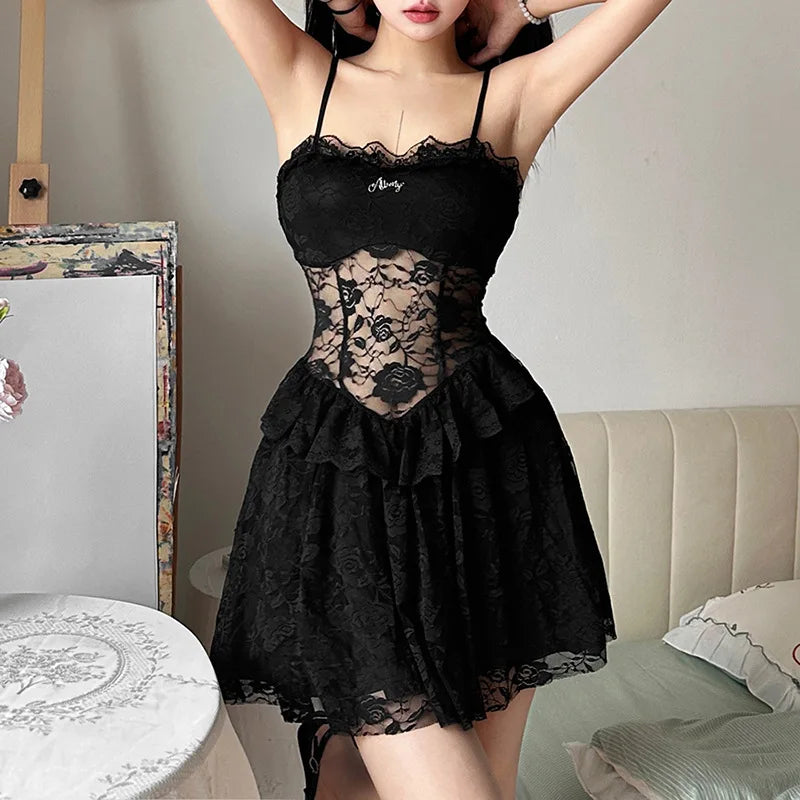 Y2K Goth Lace Corset Mini Dress view 4 | MAUVSTUDIO®