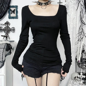 Y2K Goth Lace Cross Back Top with lace trim, Y2K long sleeve top styled with low rise bottoms