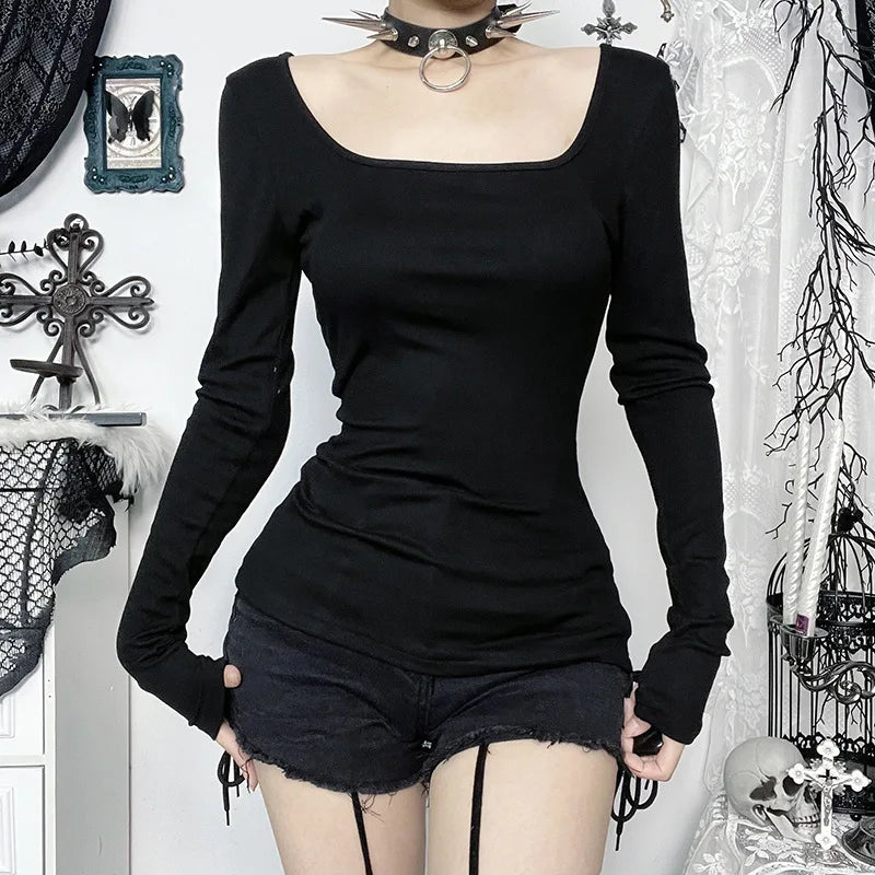 Y2K Goth Lace Cross Back Top with lace trim, Y2K long sleeve top styled with low rise bottoms