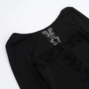 Y2K Goth Lace Cross Back Top with lace trim, Y2K long sleeve top styled with low rise bottoms