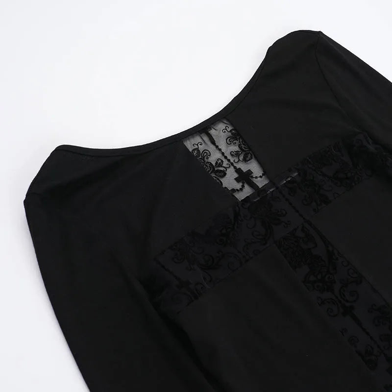 Y2K Goth Lace Cross Back Top with lace trim, Y2K long sleeve top styled with low rise bottoms