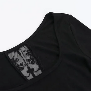 Y2K Goth Lace Cross Back Top with lace trim, Y2K long sleeve top styled with low rise bottoms