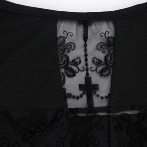 Y2K Goth Lace Cross Back Top with lace trim, Y2K long sleeve top styled with low rise bottoms