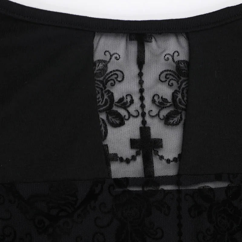 Y2K Goth Lace Cross Back Top with lace trim, Y2K long sleeve top styled with low rise bottoms