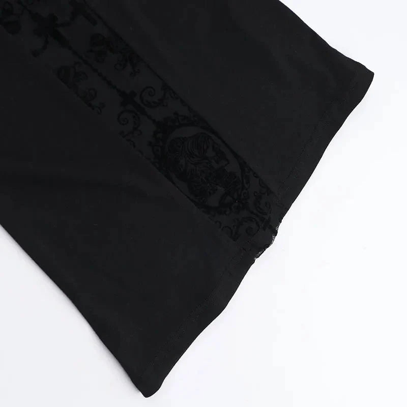 Y2K Goth Lace Cross Back Top with lace trim, Y2K long sleeve top styled with low rise bottoms