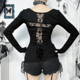 Y2K Goth Lace Cross Back Top with lace trim, Y2K long sleeve top styled with low rise bottoms