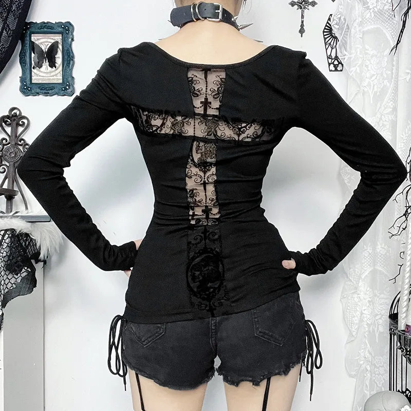 Y2K Goth Lace Cross Back Top with lace trim, Y2K long sleeve top styled with low rise bottoms
