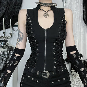 Y2K Goth Lace Up Zip Top with lace trim, Y2K corset styled with low rise bottoms