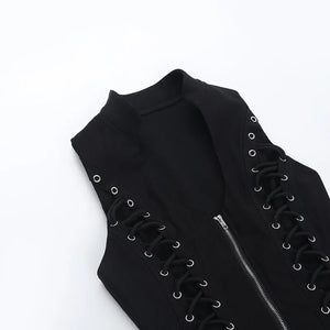 Y2K Goth Lace Up Zip Top with lace trim, Y2K corset styled with low rise bottoms