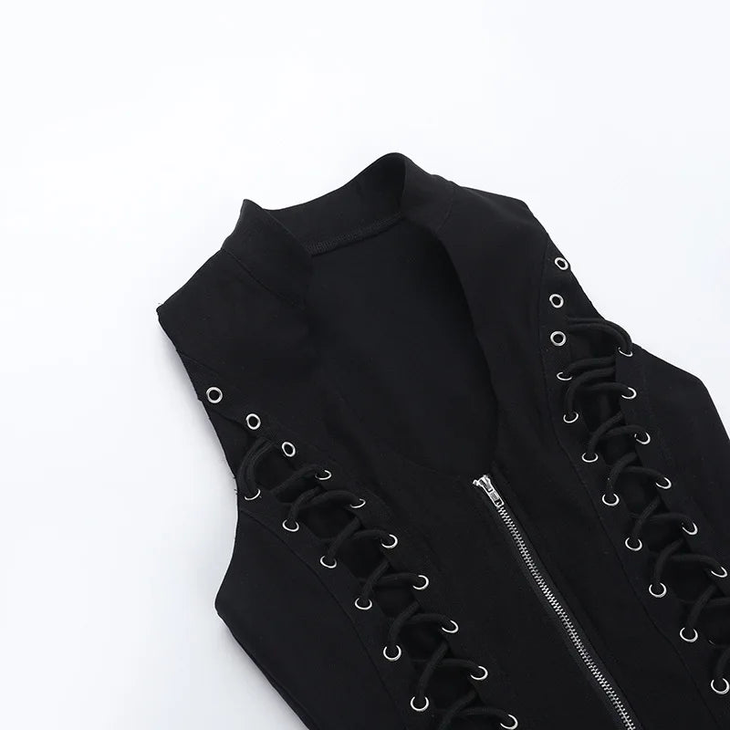 Y2K Goth Lace Up Zip Top with lace trim, Y2K corset styled with low rise bottoms
