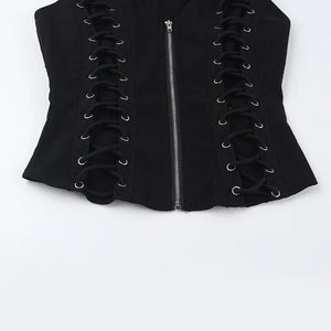 Y2K Goth Lace Up Zip Top with lace trim, Y2K corset styled with low rise bottoms