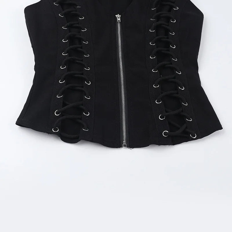Y2K Goth Lace Up Zip Top with lace trim, Y2K corset styled with low rise bottoms