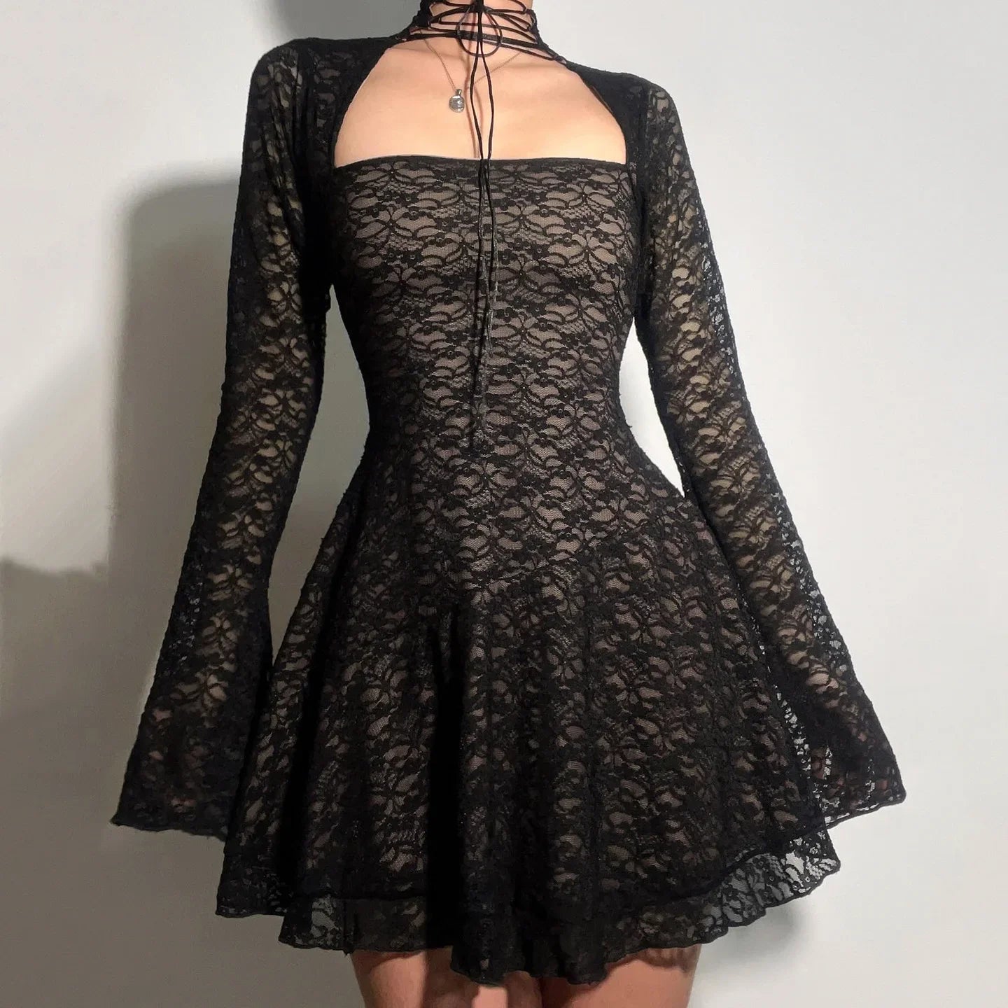 Y2K Goth Sheer Lace Mini Dress view 3 | MAUVSTUDIO®