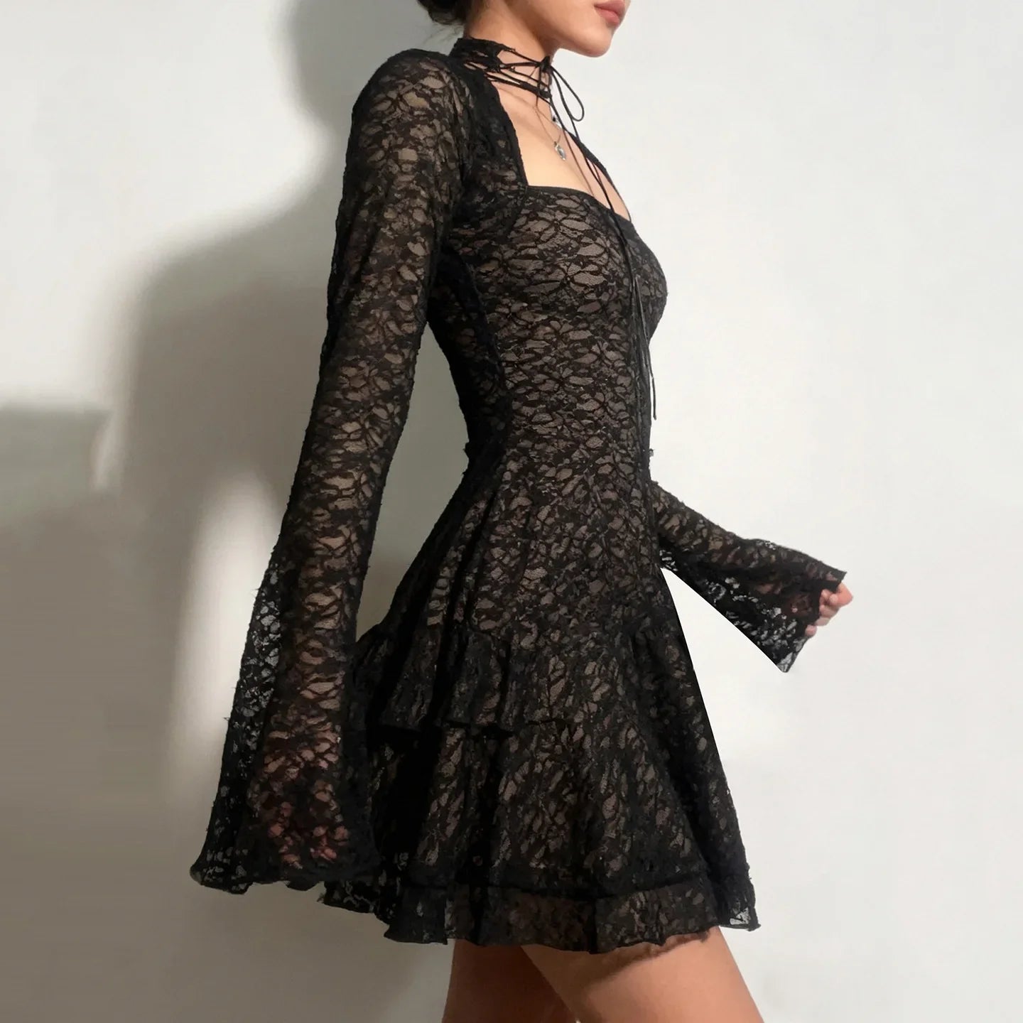 Y2K Goth Sheer Lace Mini Dress view 4 | MAUVSTUDIO®