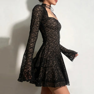 Y2K Goth Sheer Lace Mini Dress view 4 | MAUVSTUDIO®