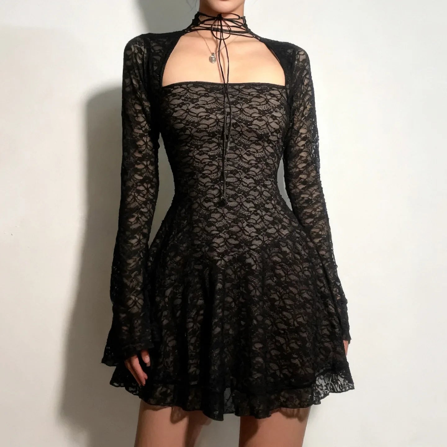 Y2K Goth Sheer Lace Mini Dress view 10 | MAUVSTUDIO®