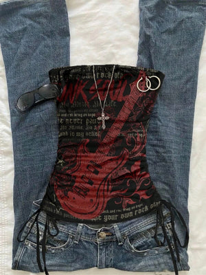 Y2K Goth Tube Top with printed graphic, Y2K tube top styled with low rise bottoms