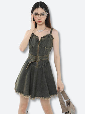Y2K Grunge Denim Mini Dress view 2 | MAUVSTUDIO®
