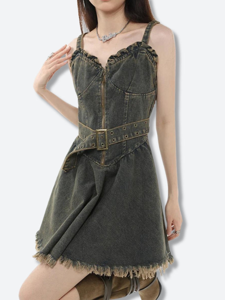 y2k denim dress Deep V Mini 86cm/ 29.1 Y2K Denim Dress | Dark