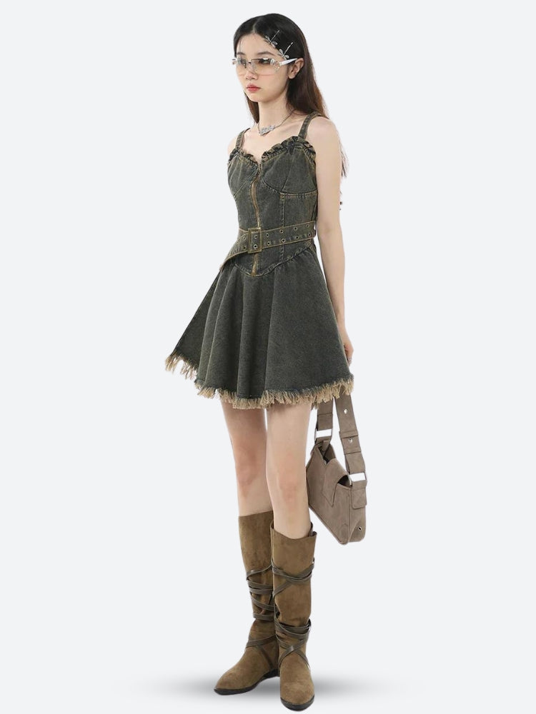 Y2K Grunge Denim Mini Dress view 7 | MAUVSTUDIO®