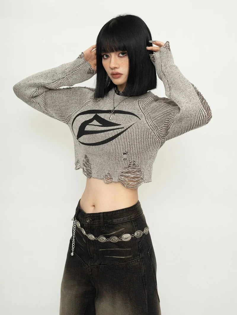 Y2K Grunge Distressed Crop Sweater